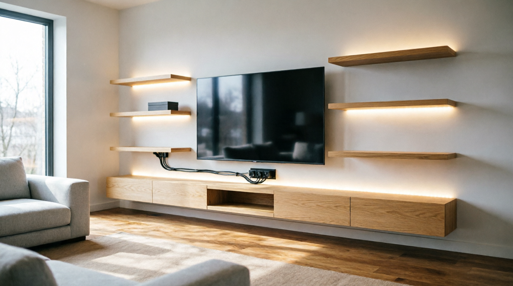Sala moderna con mueble de TV modular fabricado por ARKIA Muebles en Bogotá